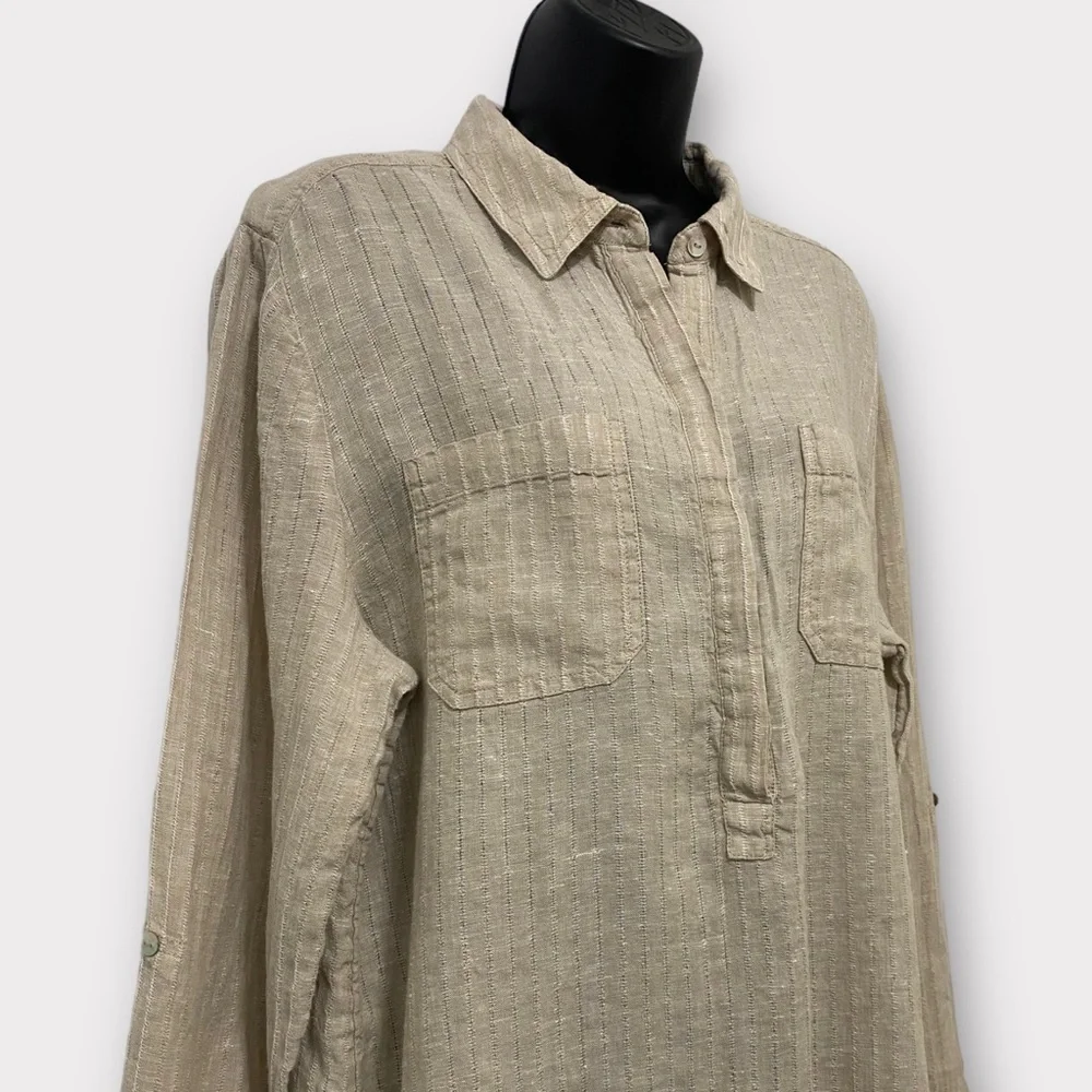 Chico's 100% Linen Tan Roll Tab Sleeve 1/2 Button Pullover Top Size Large - Picture 2 of 11
